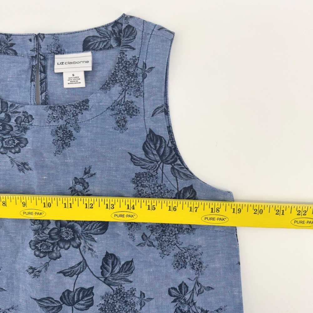 Liz Claiborne Tank Top Small Blue Floral Linen Cotton Sleeveless Fringed Hem - Picture 4 of 7